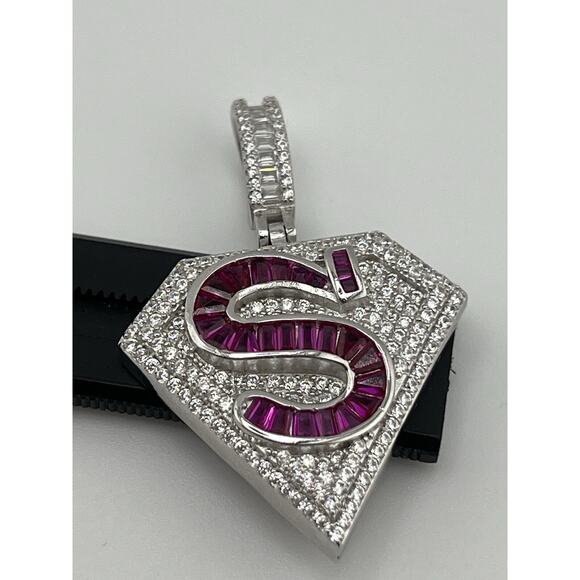 superman Sterling Silver 925 Pendant Cz Ruby Rhodium Plated - Picture 1 of 16